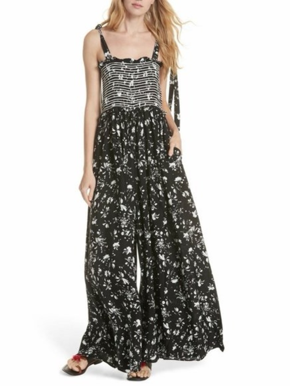 Free People Color My World Wide
Leg Floral Jumpsuit Black and White Boho